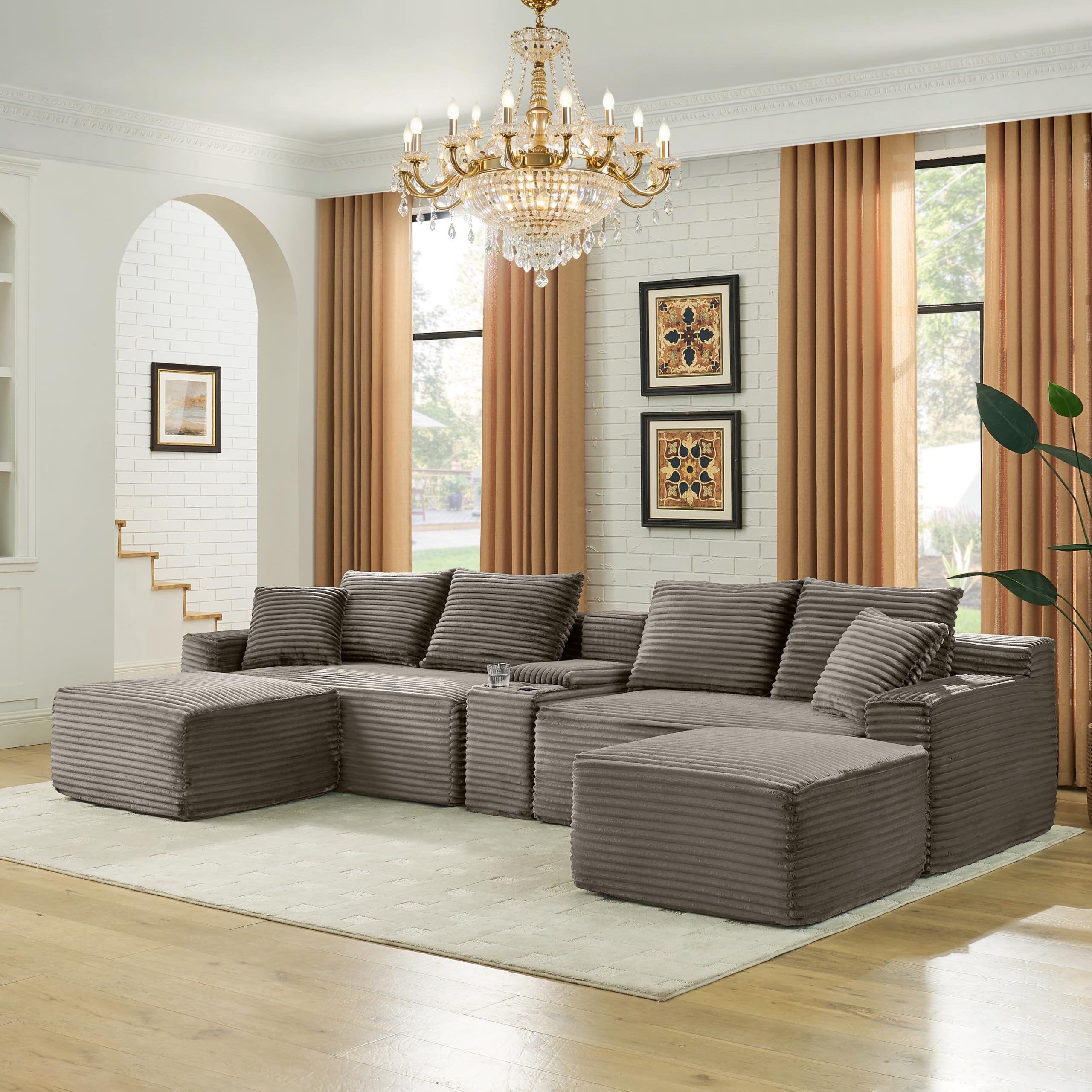 KEIKI 127" Corduroy U Shaped Sofa with Two Ottomans, Upholstered Boneless Couch with Cupholders, USB Ports, Cloud Sectional Couch for Living Room,