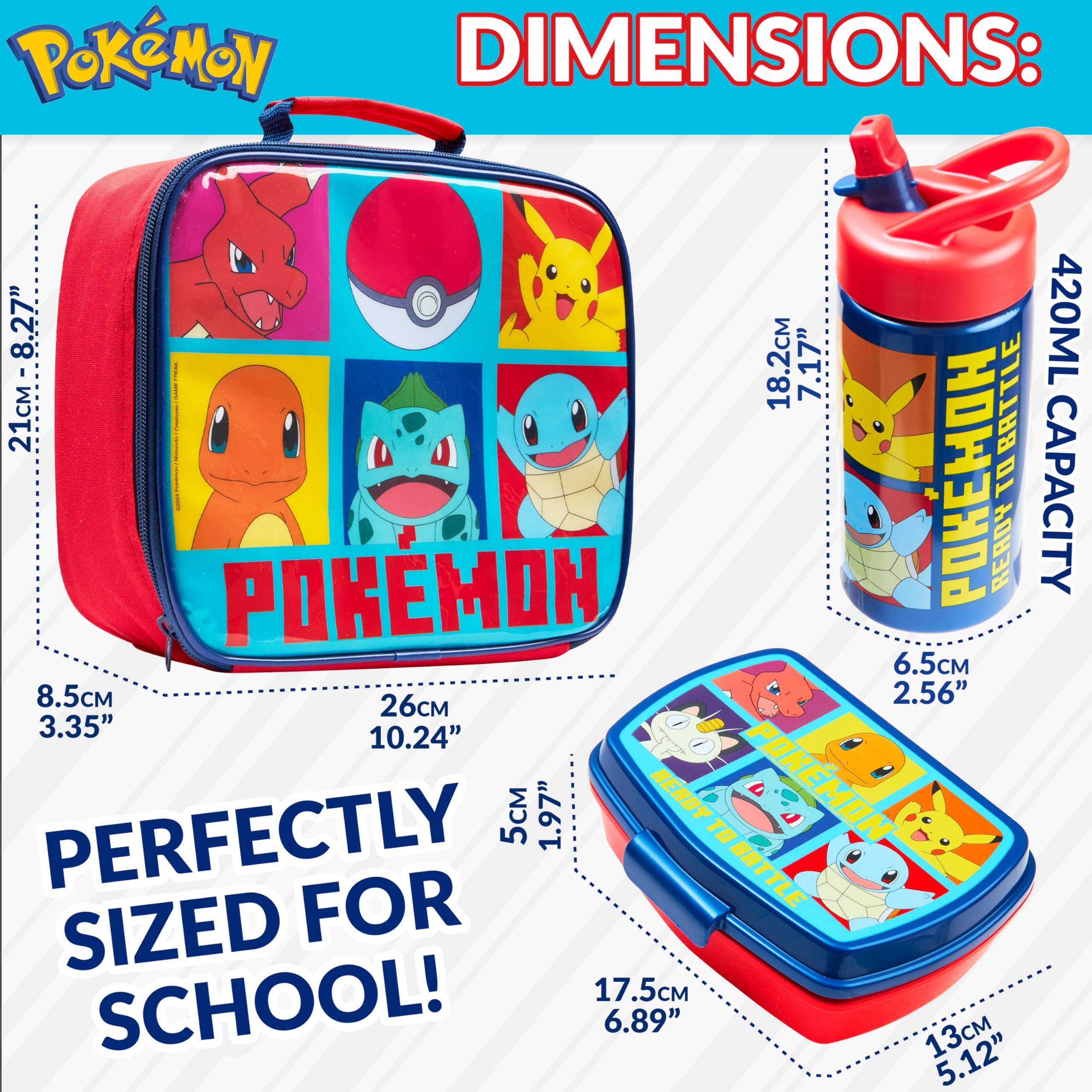 Pokémon Ensemble de Sac Isotherme Enfant avec Lunch Box et Gourde Rouge/Bleu