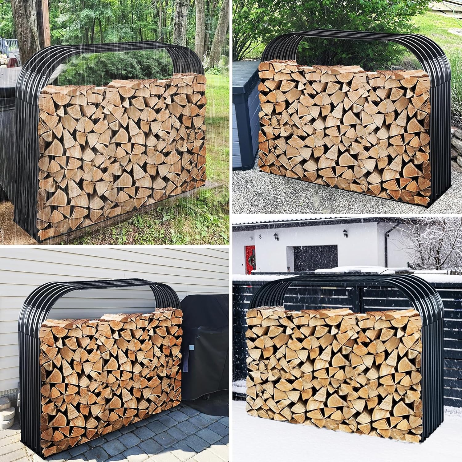 Leomru Heavy Duty Firewood Storage Shed, Galvanized Steel Firewood Rack Holder Wood Shed, Indoor Outdoor Log Rack Fireplace Fire Pits Wood Pile Storage Holder Lumber Rack (Trio)