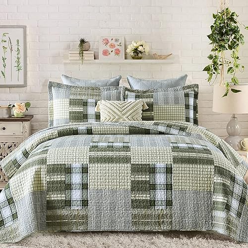 Y-PLWOMEN Juego de edredón Queen 100 algodón colcha verde y blanco tamaño Queen juego de ropa de cama reversible ligero a cuadros para todas las disponible en Yaxa Guatemala