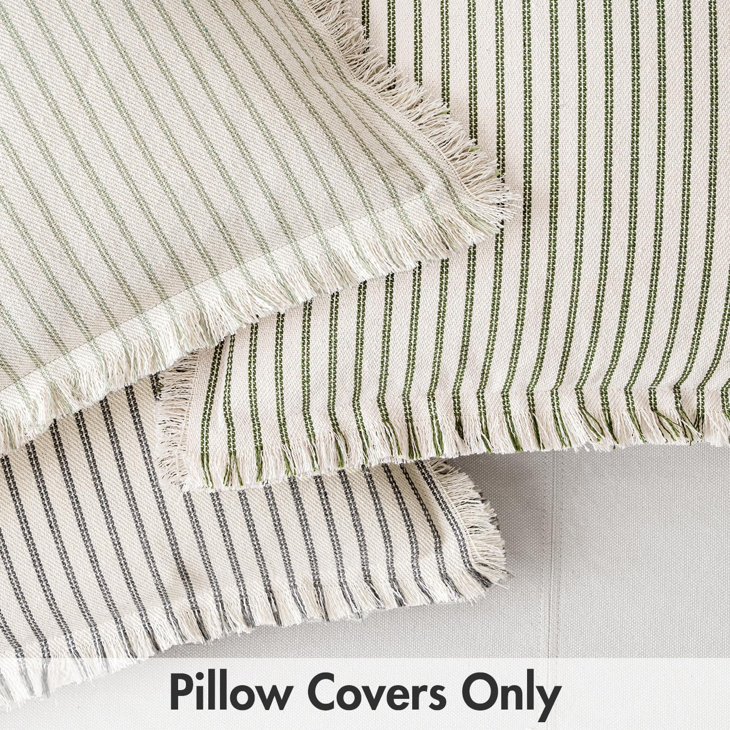MIULEE Pack of 2 Olive Green Christmas Pillow Covers 18x18 Inch Striped Farmhouse Couch Spring Throw Pillow Covers with Fringe Chic Linen Decorative Cushion Covers for Sofa Living Room Bed Home Decor