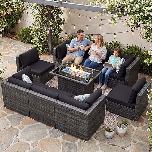 NICESOUL 9 Piece Outdoor Patio Sectional Furniture Set with Firepit Table Natural Gas/Propane, 29.3 High Back Comfy Conversations for Outside, 8 Seats Large Rattan Couch, 2 Color Cushion Black &Grey
