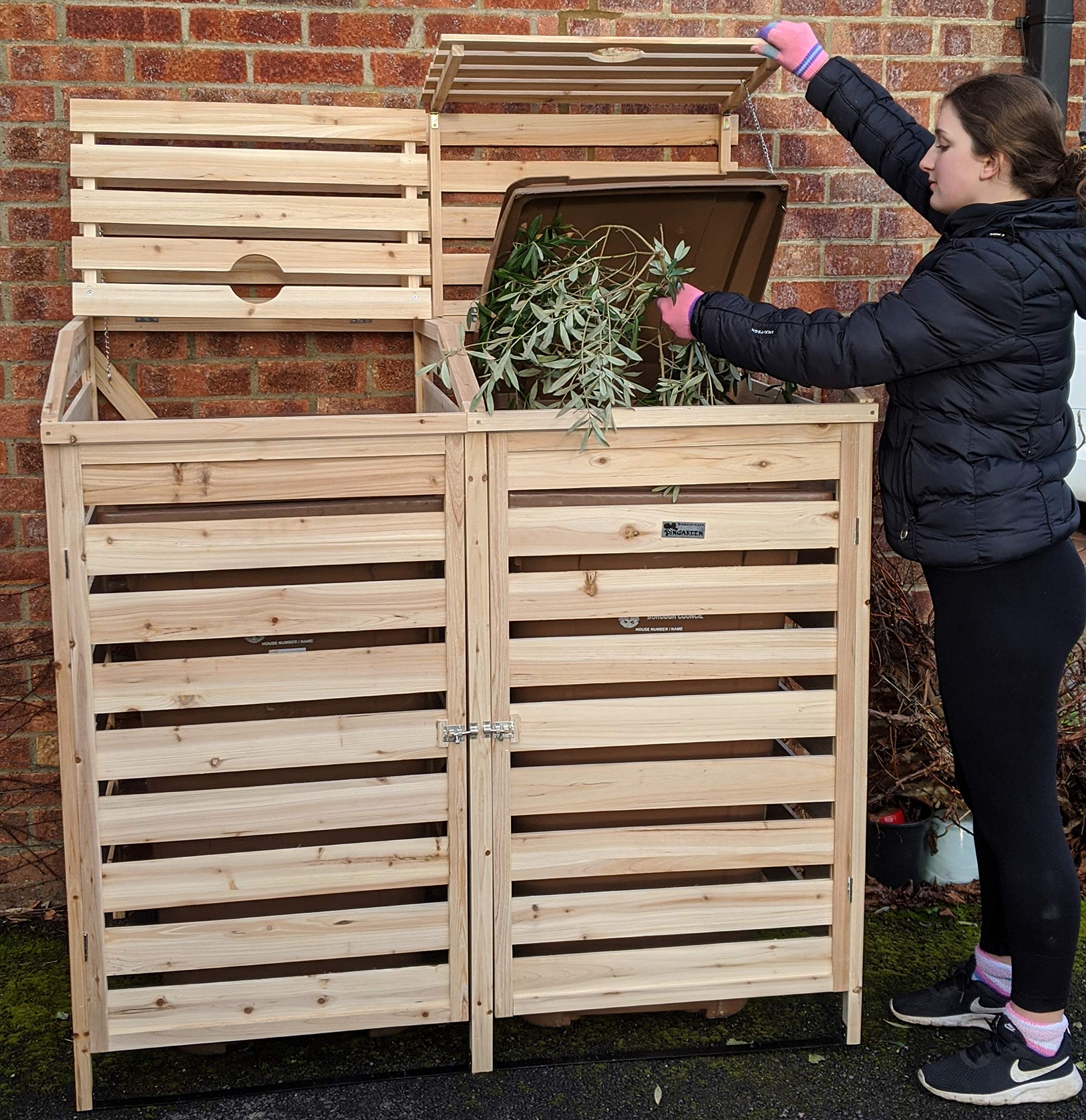 BinGarden Double Wooden Slatted Wheelie Bin Store with BiFold Roof