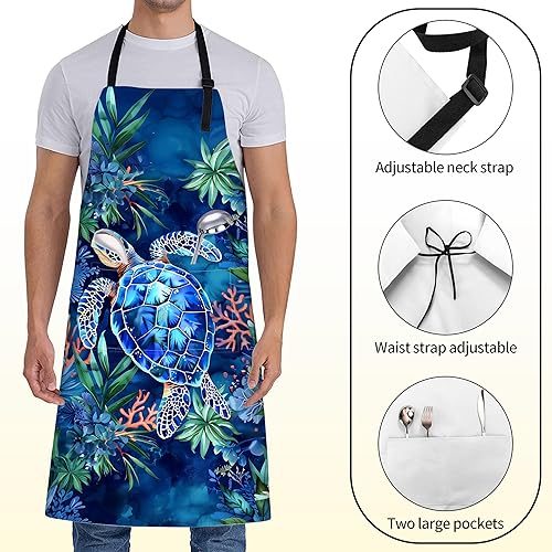 Miniatura 2 de Delantal de tortuga marina para mujer con océano, 28 x 33 pulgadas, delantales de cocina de arrecife de coral con 2 bolsillos, tela Oxford, delantal