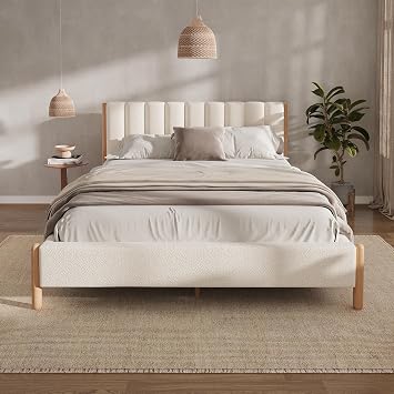 Merax Queen Size Bed Frame with Boucle Upholstered Thick Headboard, Solid Wooden Legs, No Box Spring Needed, for Bedroom Apartment, White