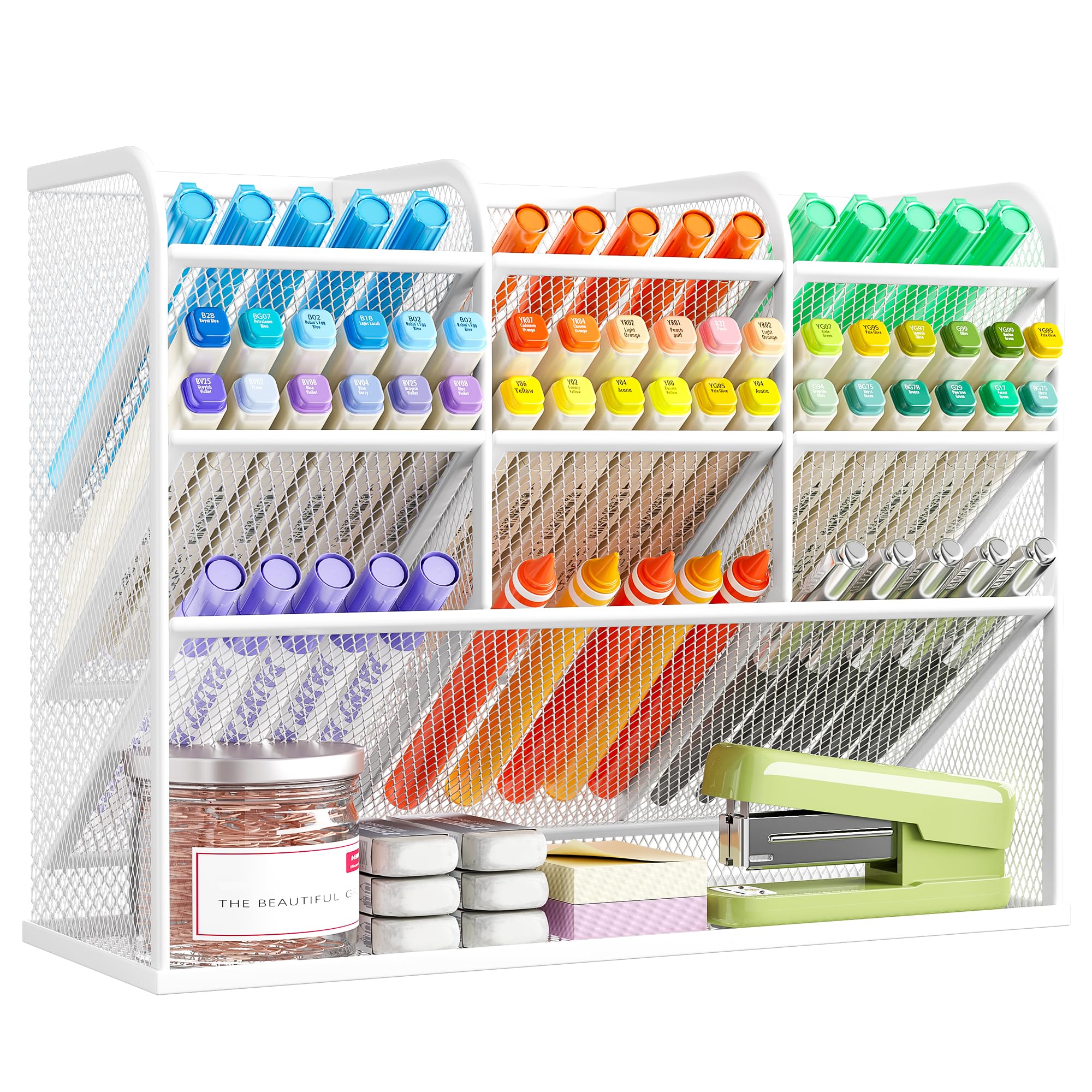 VITVITI 3 Tier Mesh Desk Organiser, 10 compartments Pen Holder for Desk Tidy, Desktop Organiser for Stationery Art School Supplies, Office Accessories - White