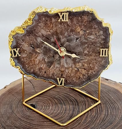 HOMEARTE INDIA Brazilian Agate Large Desktop Clock with Metal Stand Table Clock for Living Room Decor Ideal for Home Decor Accent Piece for Gifting -Brownish