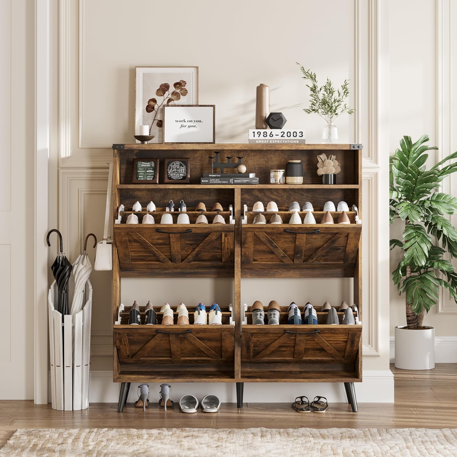 Shoe Cabinet with 4 Flip Drawers,Farmhouse Shoe Storage Cabinet for Entryway,Narrow Freestanding Organizer Rack with Open Shelves for Foyer,Hallway,Brown Brown 4-Drawers
