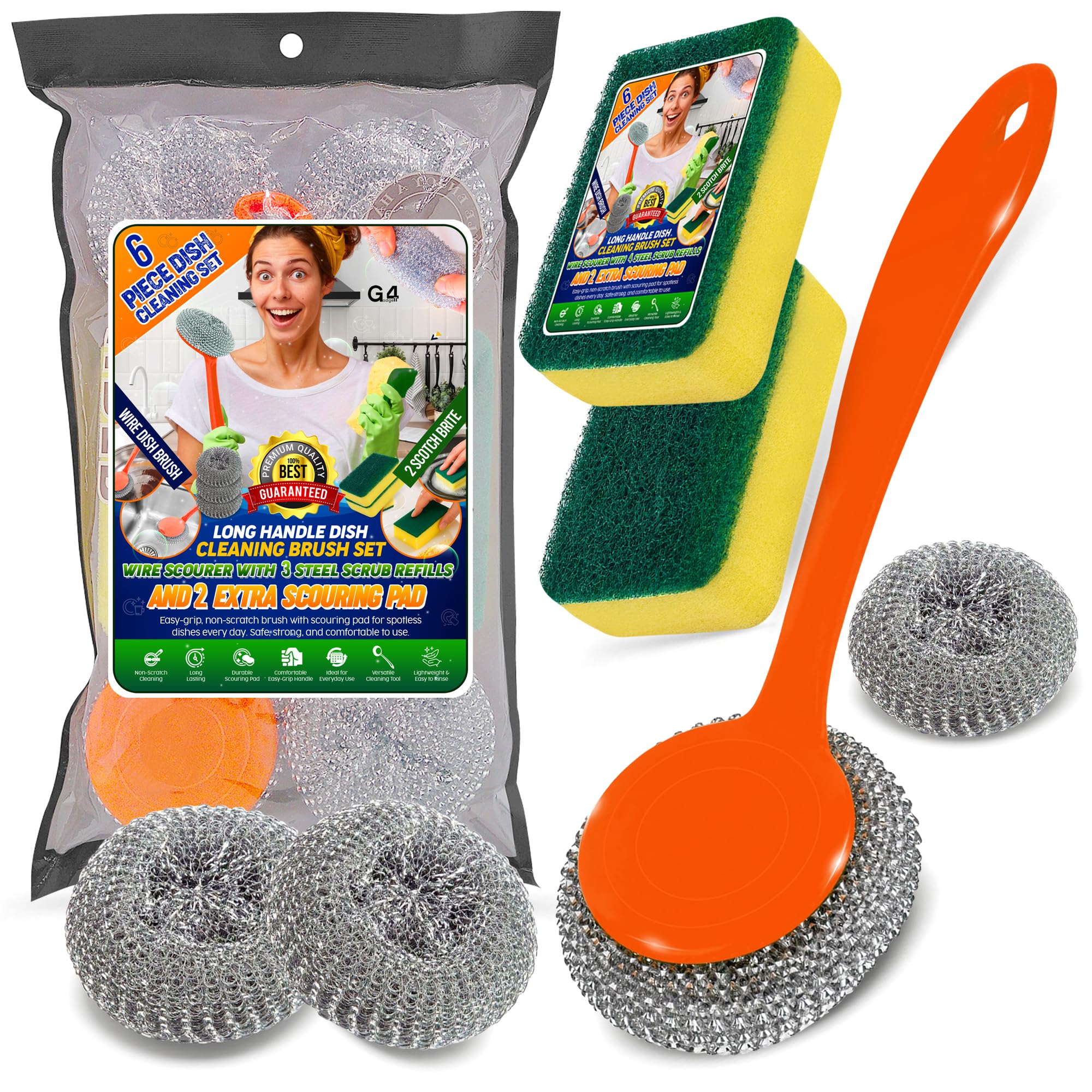 G4GADGET Scourer & Sponge Set – 7 Pack Heavy Duty Cleaning Kit | Includes 4 Metal Scourers, 2 Absorbent Sponges & 1 Ergonomic Brush | Ideal for Kitchen, Dishes, Pots, Pans & Household Surfaces