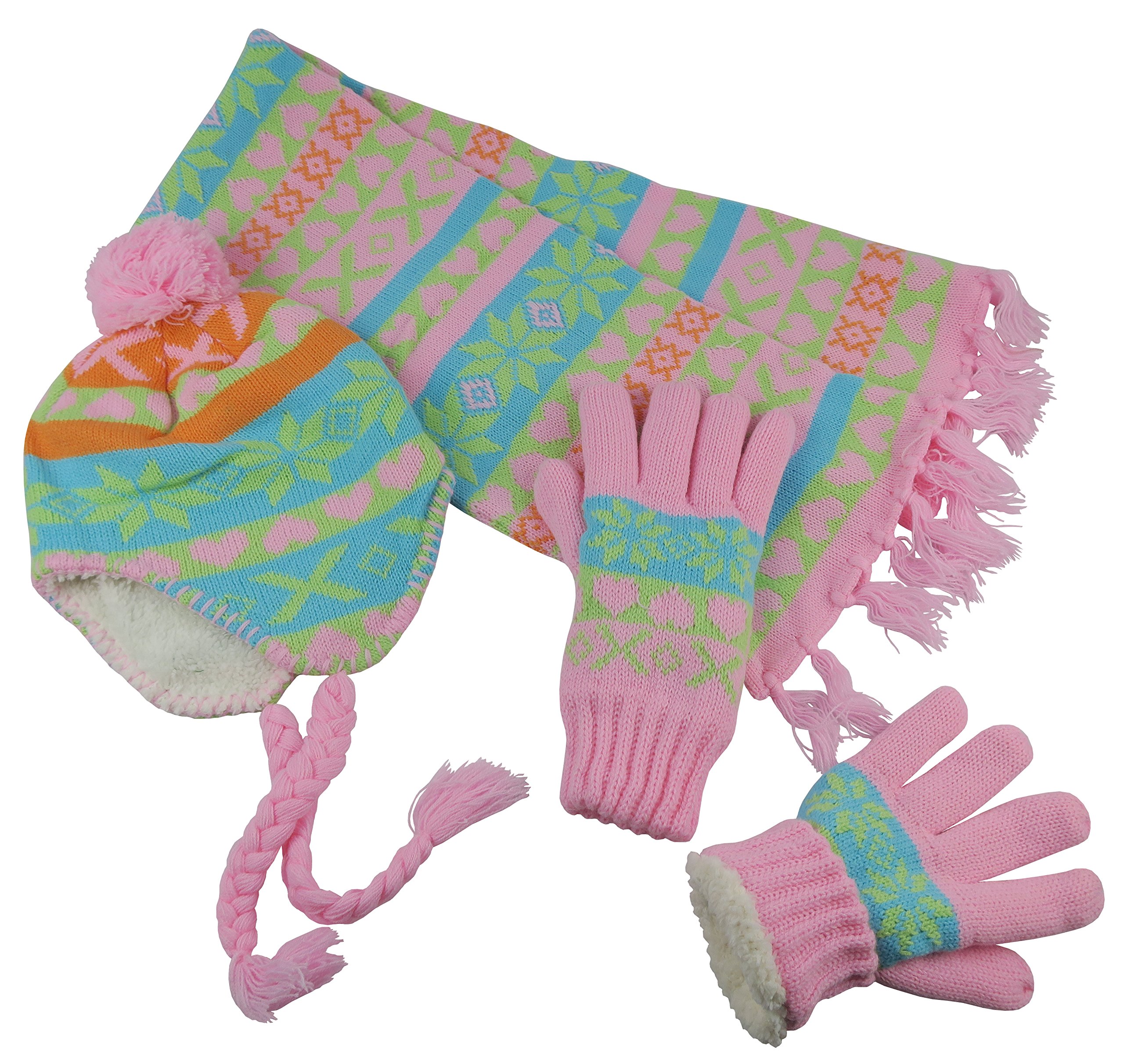 N'Ice Caps Kids Hat Glove Scarf Girls 3 Piece Winter Knit Set Sherpa Lined