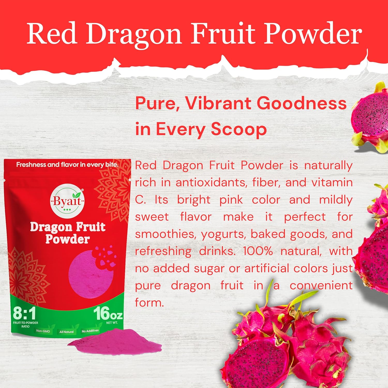 Byait Freeze Dried Dragon Fruit Powder 16 Oz, Fine Pitaya Powder for Food Coloring, Baking, Smoothies, Drinks, Ice Cream, Cocktails, Vegan, Non-GMO, No Added Sugar