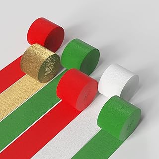 HOUSE OF PARTY Christmas Crepe Paper Streamers - Christmas Streamers 6 Rolls of Red Green White and Gold 492ft (1.8 Inch x...