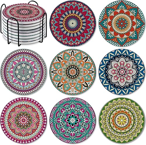 Miniatura 8 de Patelai Juego de 8 posavasos de cerámica vintage con soporte, posavasos absorbentes redondos azules para mesa de café, vasos, inauguración de la