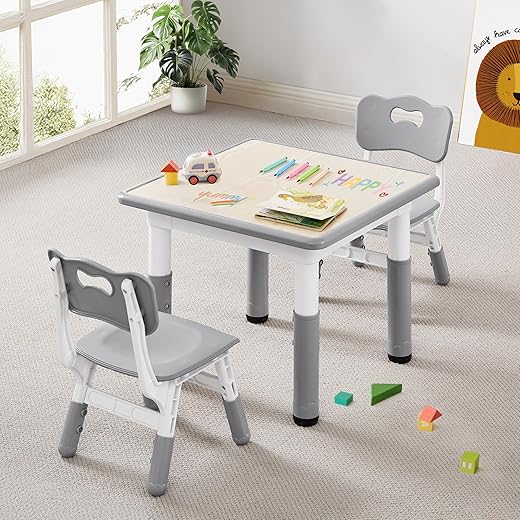 Kids Table & Chairs Set (2 Chairs) Height Adjustable for Ages 2-8 | Non-Slip Toddler Activity Table with Wipe-Clean Desktop, Montessori Learning & Art Drawing Tables for Home Preschool