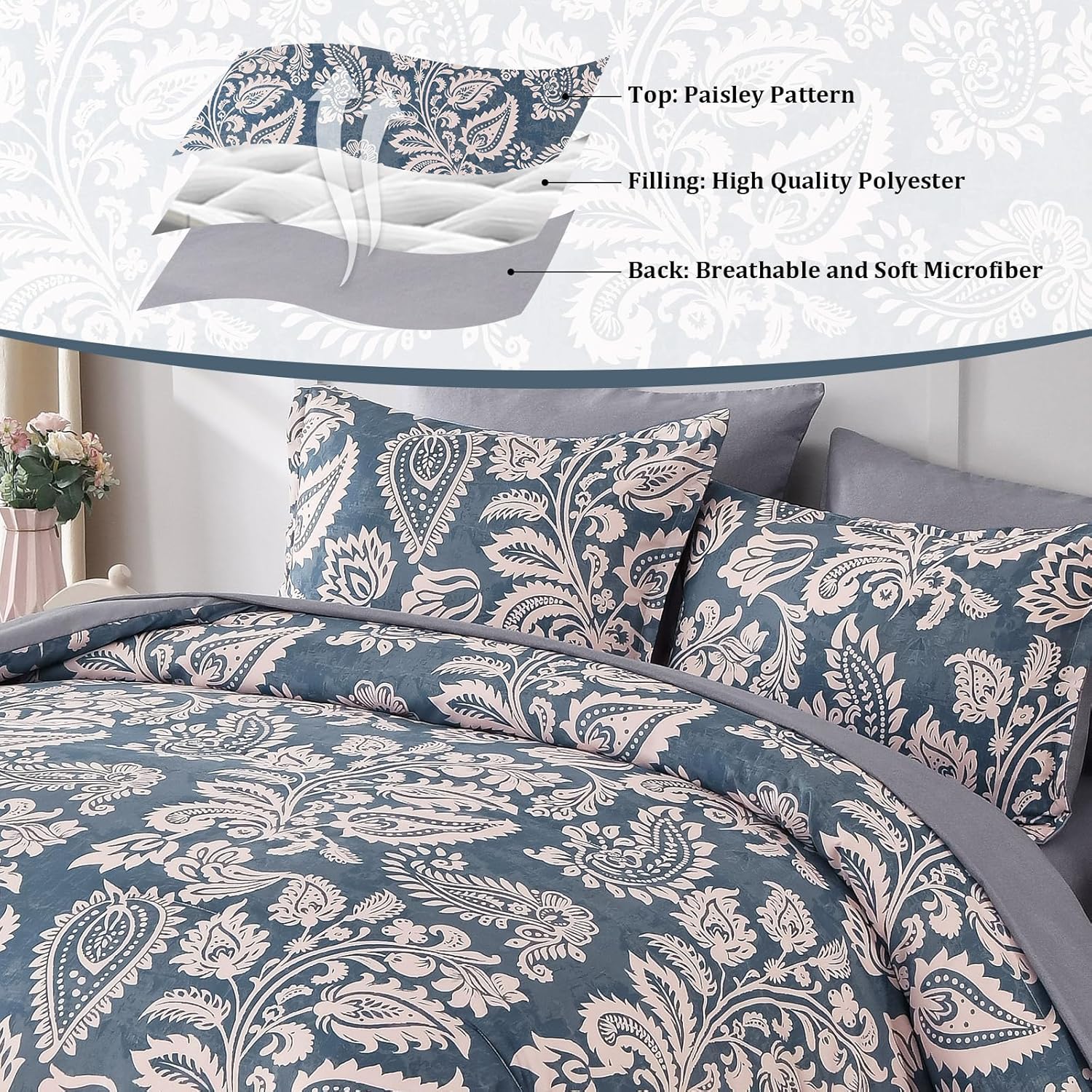 Drucon Paisley Comforter Set King, 7 Pieces Bed in a Bag Boho Comforter Bedding Soft Microfiber King Size Navy Blue Comforter with Sheet & Pillowcases - Image 4