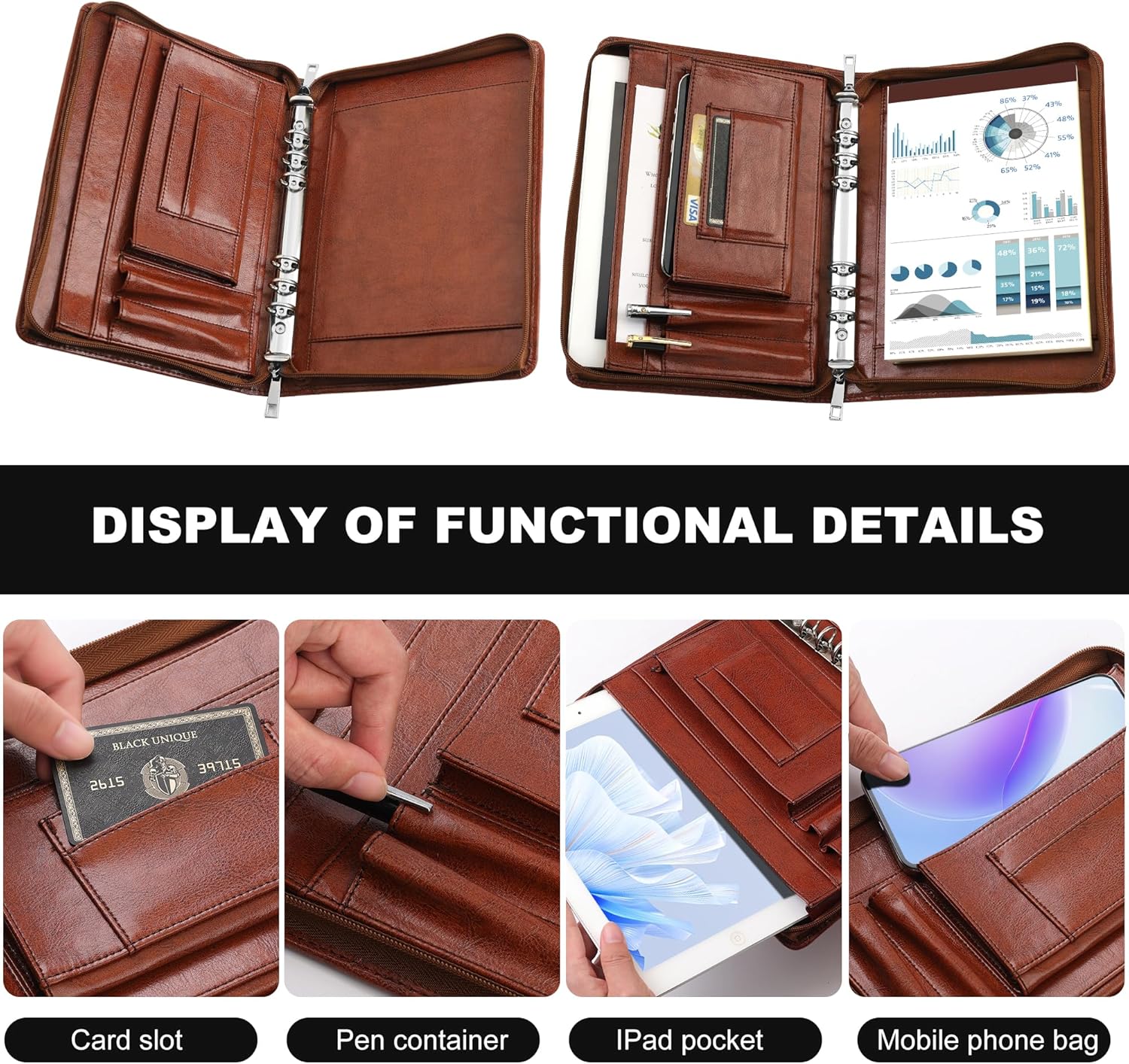 KISSKI.H Olvido A5 Planner Binder Padfolio for Men, Small Business Zippered Portfolio Organizer, 6 Ring Folder Folio Cover with 1pc A5 Notepad, Tablet for iPad mini/iPad Air 2, Handmade Gifts, Brown