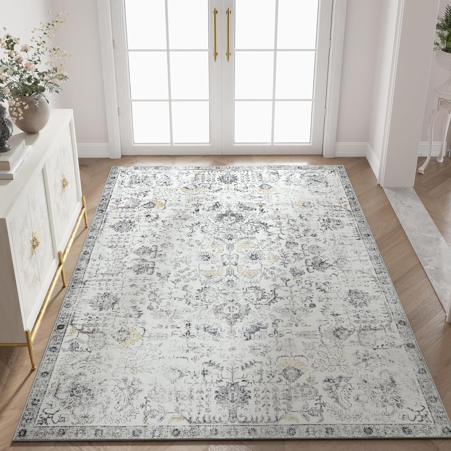 jinchan Area Rug 5x7 Washable Rug Entryway Rug Door Mat Vintage Indoor Entrance Thin Rug Retro Distressed Carpet Grey Floral Country Boho Rug Non Slip Doormat Bathroom Kitchen Bedroom 5'x7' - Softer Distressed Grey Multi