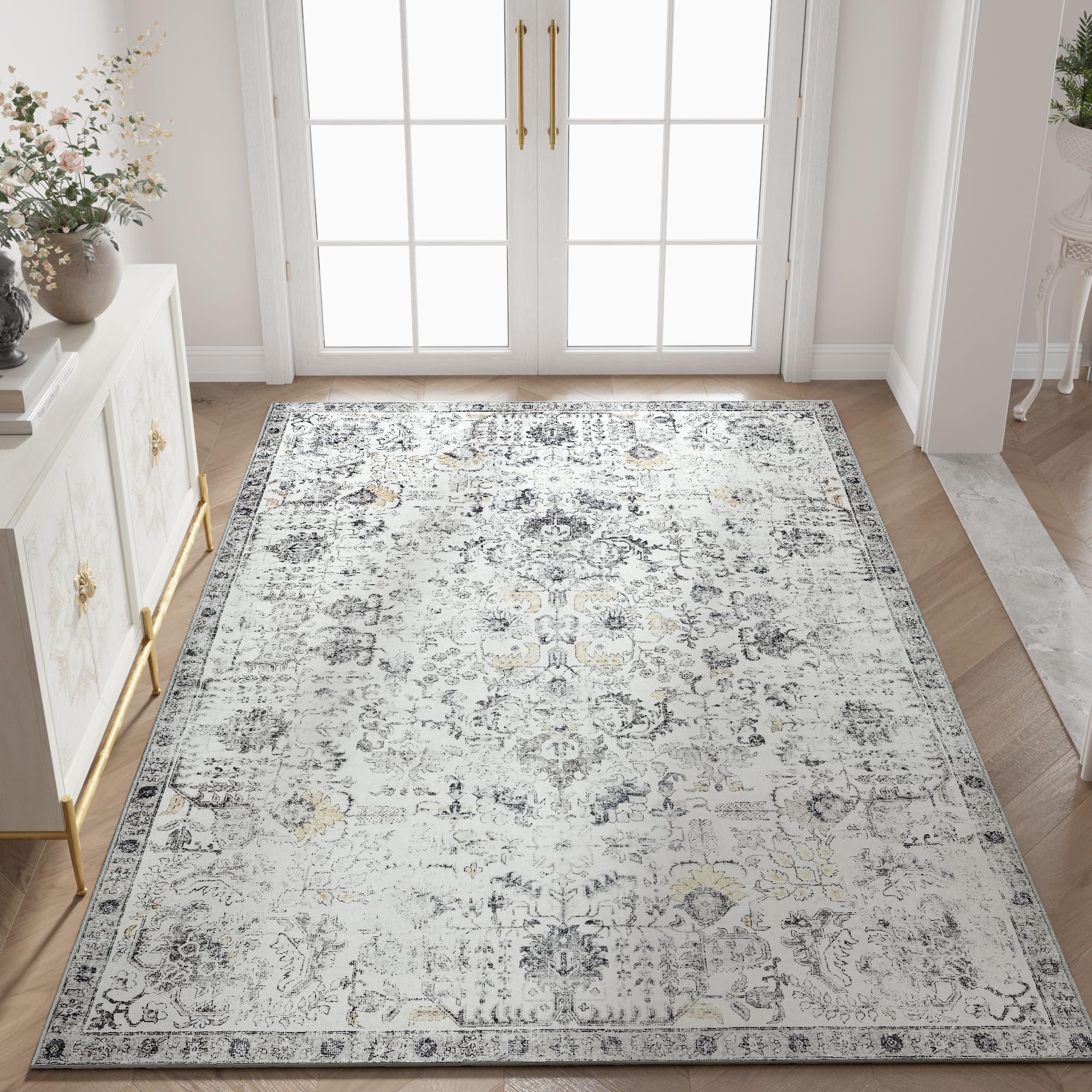 jinchan Kalen Area Rug 5x7 Washable Living Room Rug Soft Vintage Indoor Thin Retro Distressed Floor Cover Grey Floral Country Boho Rug Non Slip Carpet