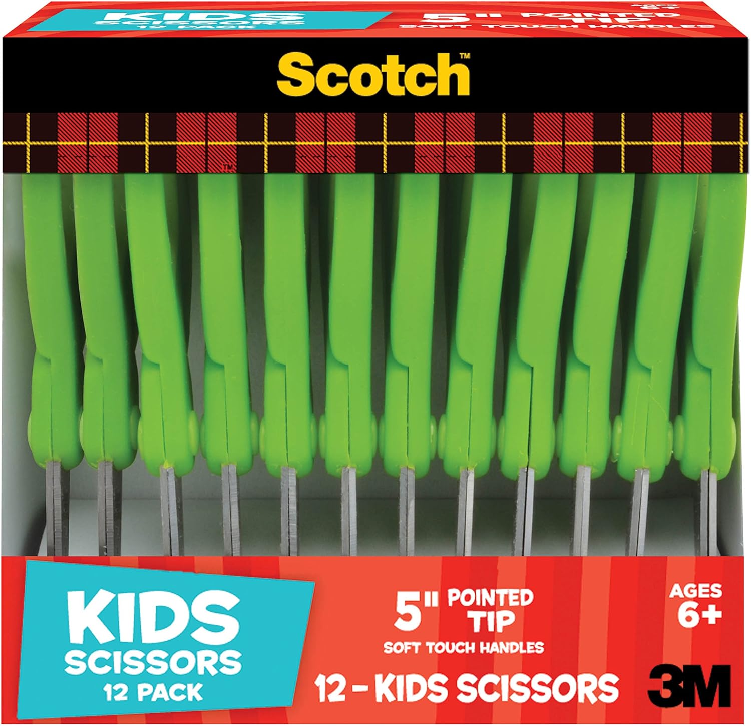 Scotch 5-Inch Soft Touch Pointed Kid Scissors, 12 Count Teacher Pack, Green, Pack of 6