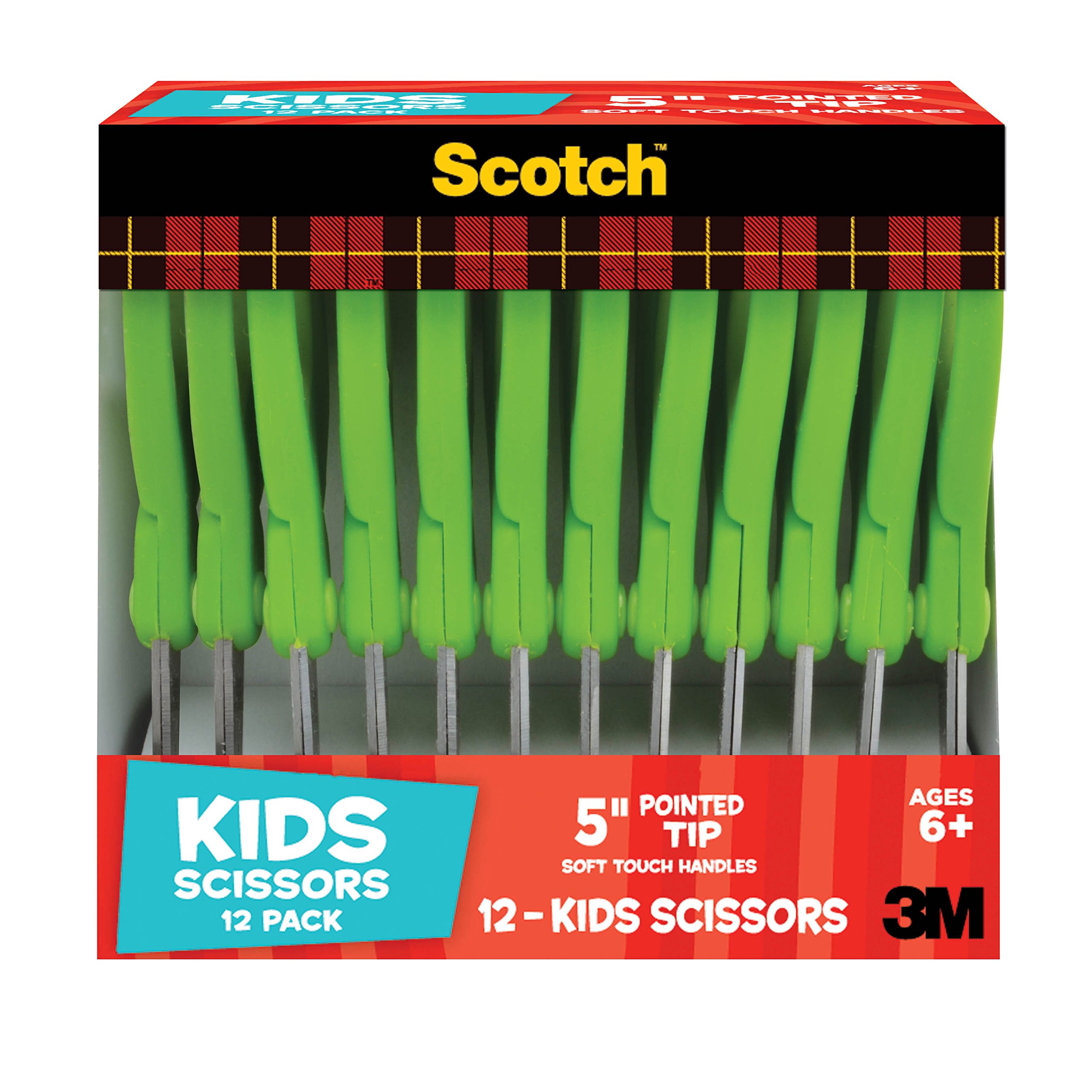 Scotch Lot de 6 paires de ciseaux pointus doux au toucher pour enfant de 12 pièces, vert (1442P-12)