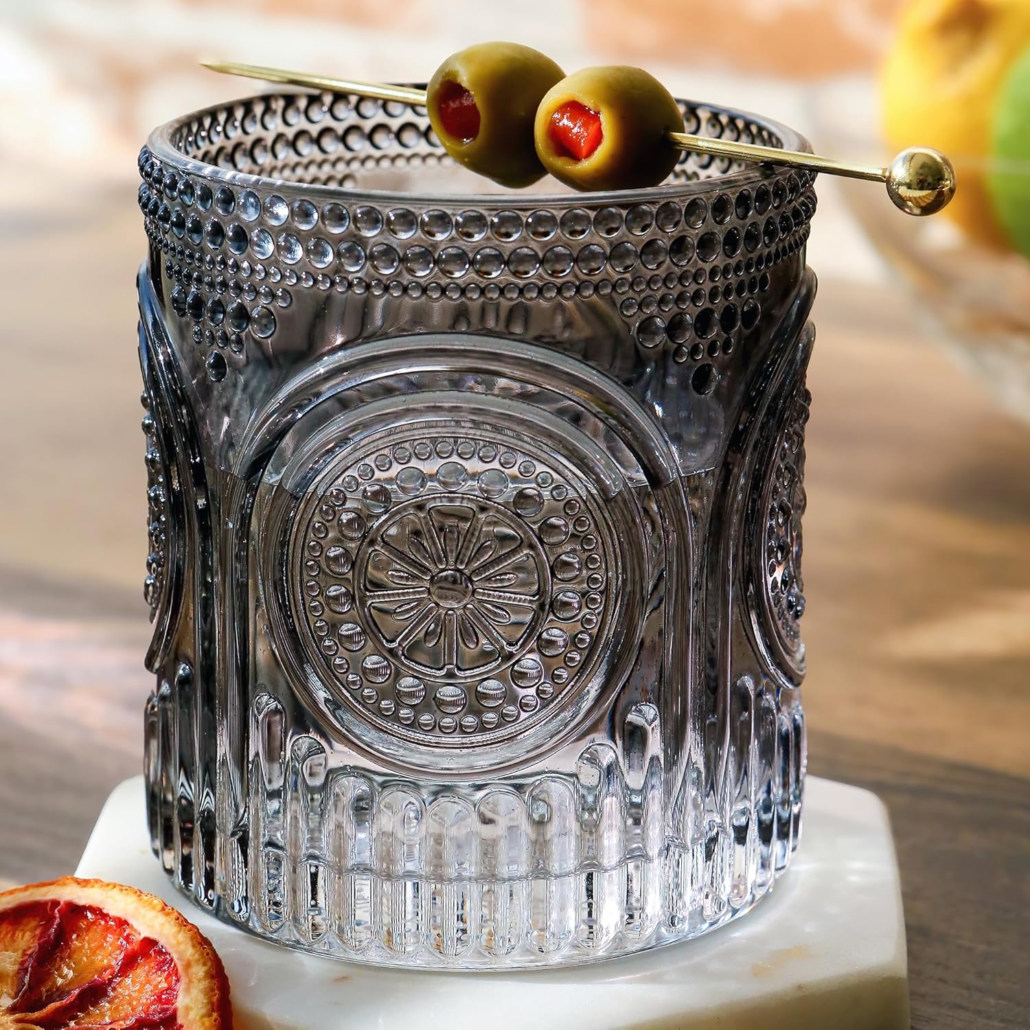 Kate Aspen Ribbed Retro Arch Floral Smoke Grey Drinking Glasses Set of 6, (10 oz) Vintage Glassware Set Cocktail Glass Set, Juice Glass, Water Cups | Hostess Gift & Present for New Home Owners 10 oz Smoke Grey