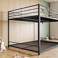 Vista 7 de JURMERRY Litera de metal tamaño matrimonial sobre camas matrimoniales con barandilla de protección resistente y escalera, diseño que ahorra espacio