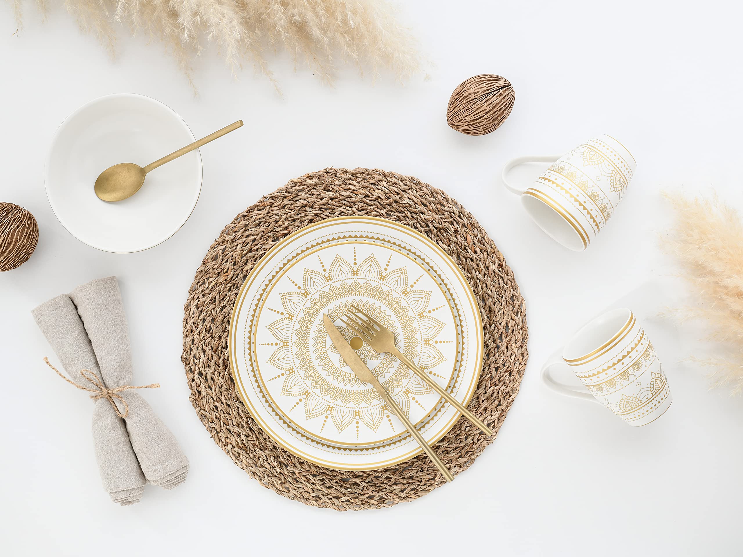 CreaTable, 23596, Serie MANDALA GOLD - Weiss, 16-teiliges Geschirrset, Kombiservice aus Steinzeug, spülmaschinen- und mikrowellengeeignet, Qualitätsproduktion