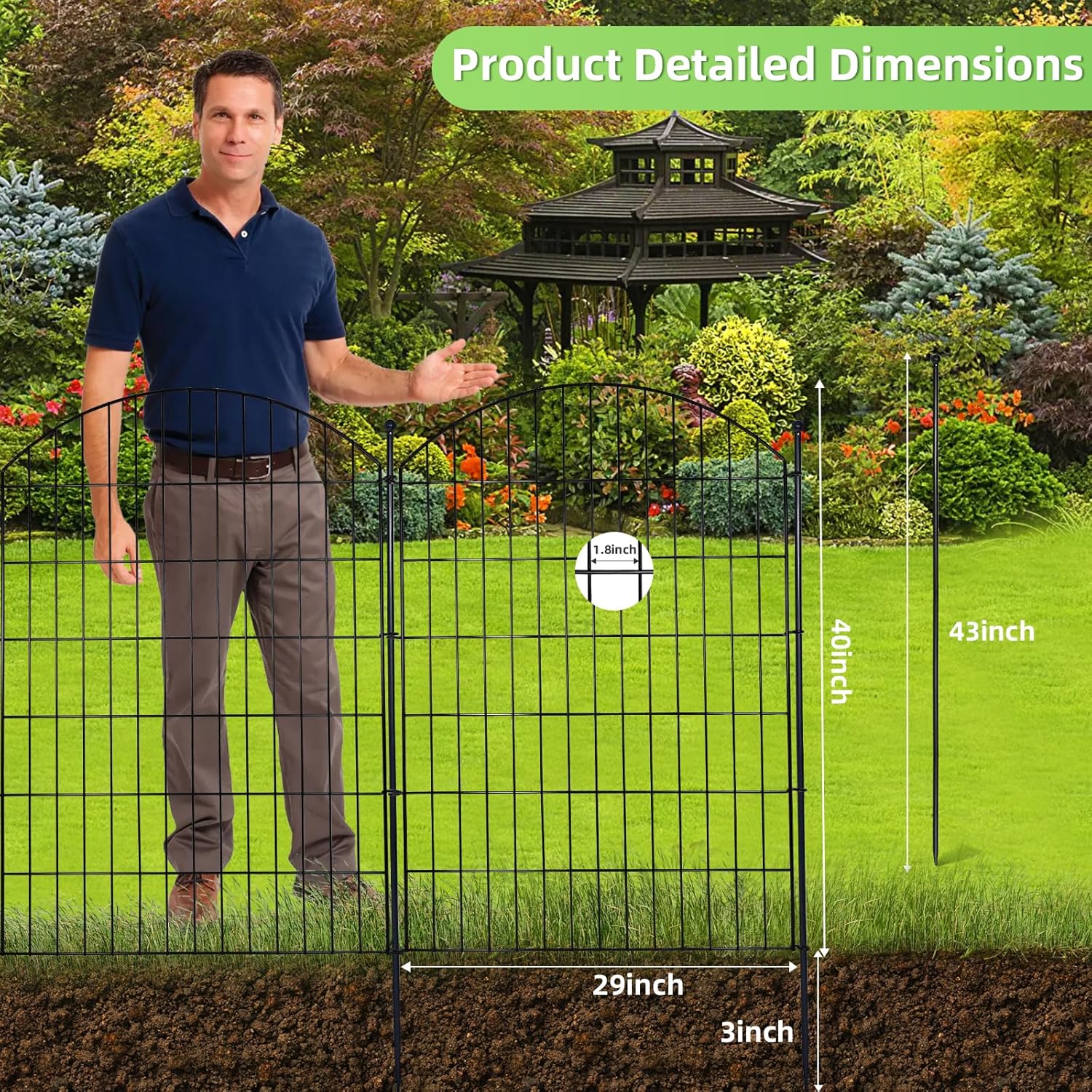 decorative garden fence 40in (h) x24ft (l), 10 pack no dig fence animal barrier for dog, arched flower bed edging, wire border panel fencing for yard patio outdoor decor black 10 panels-40in(h)x24ft(l)