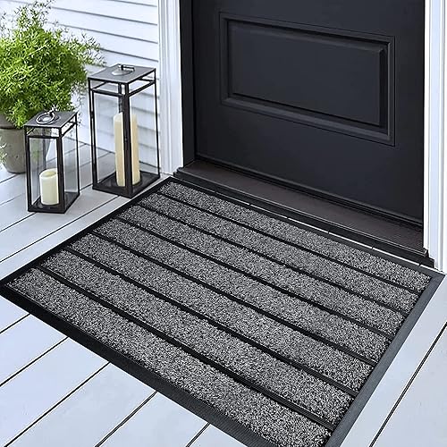 Miniatura 2 de Paquete de 2 tapetes de bienvenida para puerta delantera, tapetes grises a rayas, para exteriores y a rayas, color gris