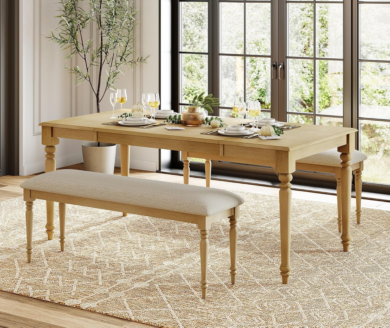 WAMPAT 3-Piece Dining Table Set for 4-6, Farmhouse Dining Room Set Includes 70 Inch Dinner Table & 2 Padded Benches, Solid Wood Dining Set for Kitchen, Natural Oak