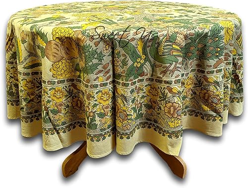 Miniatura 1 de Mantel de árbol de la vida para mesas redondas, mantel de algodón floral para cocina, comedor, lino beige amarillo, mantel para interiores y