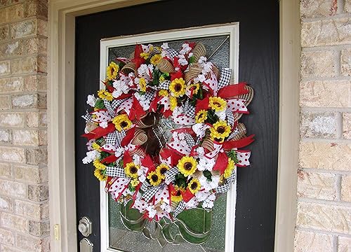 Miniatura 4 de Bright Spring Summer Red Polka Dot Sunflower Deco Mesh Front Door Wreath, Porch Patio Decor, Indoor Outdoor Decoration