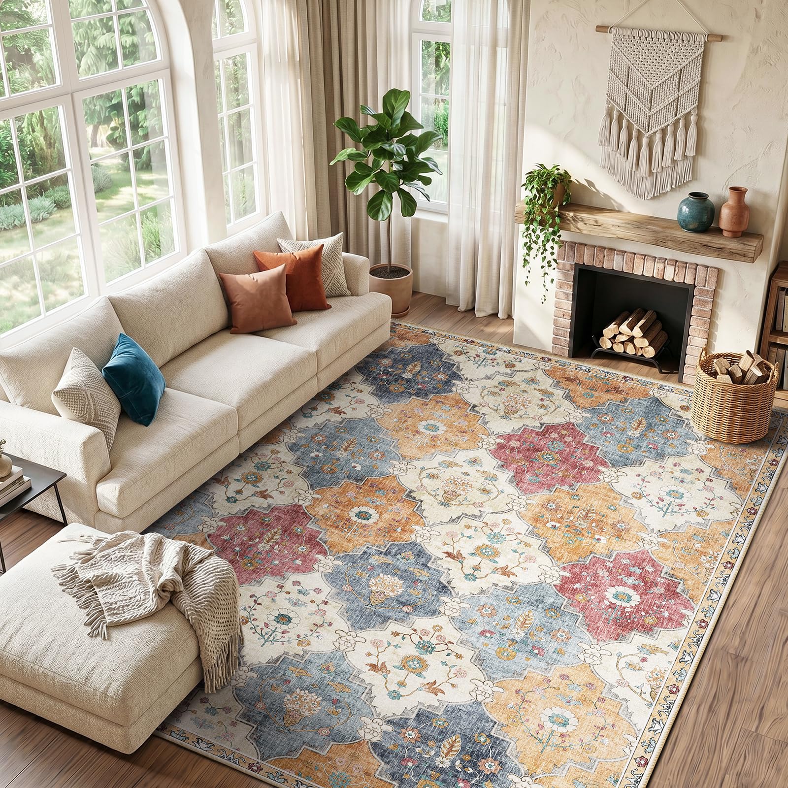 INOVADAY Teppich Wohnzimmer 200x300 cm Boho Waschbarer Teppich Orange/Rot | Moroccan, Kurzflor, Rutschfest, Teppich Schlafzimmer, Esszimmer, OEKO, Weiche, Staubsaugergeeigneter, Haustierfreundlich