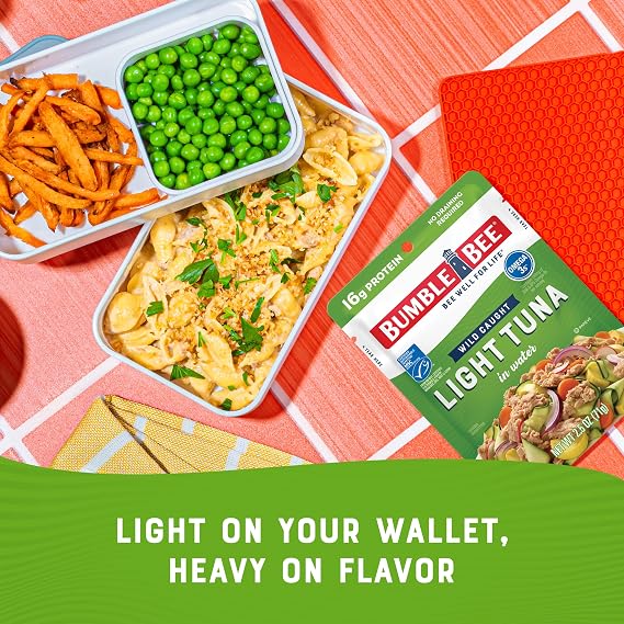Bumble Bee Chunk Light Tuna in Water, 5 oz Pouch (Pack of 12) | Wild Caught Tuna, Ready to Eat, 32g Protein per Packet, Non-GMO, Gluten Free, Kosher, MSC Sustainable Seafood