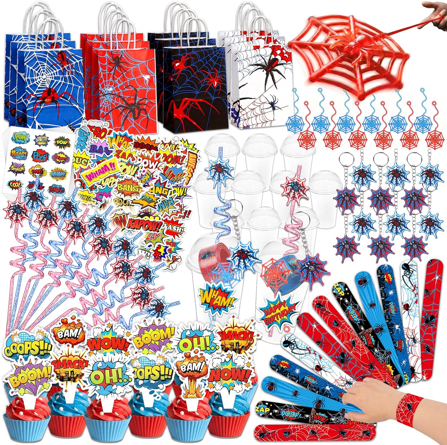 Ohjijinn 146Pcs Spider Party Favors, including Gift Bags, Stickers, Drinking Straws Cups for Spider Theme Birthday Party