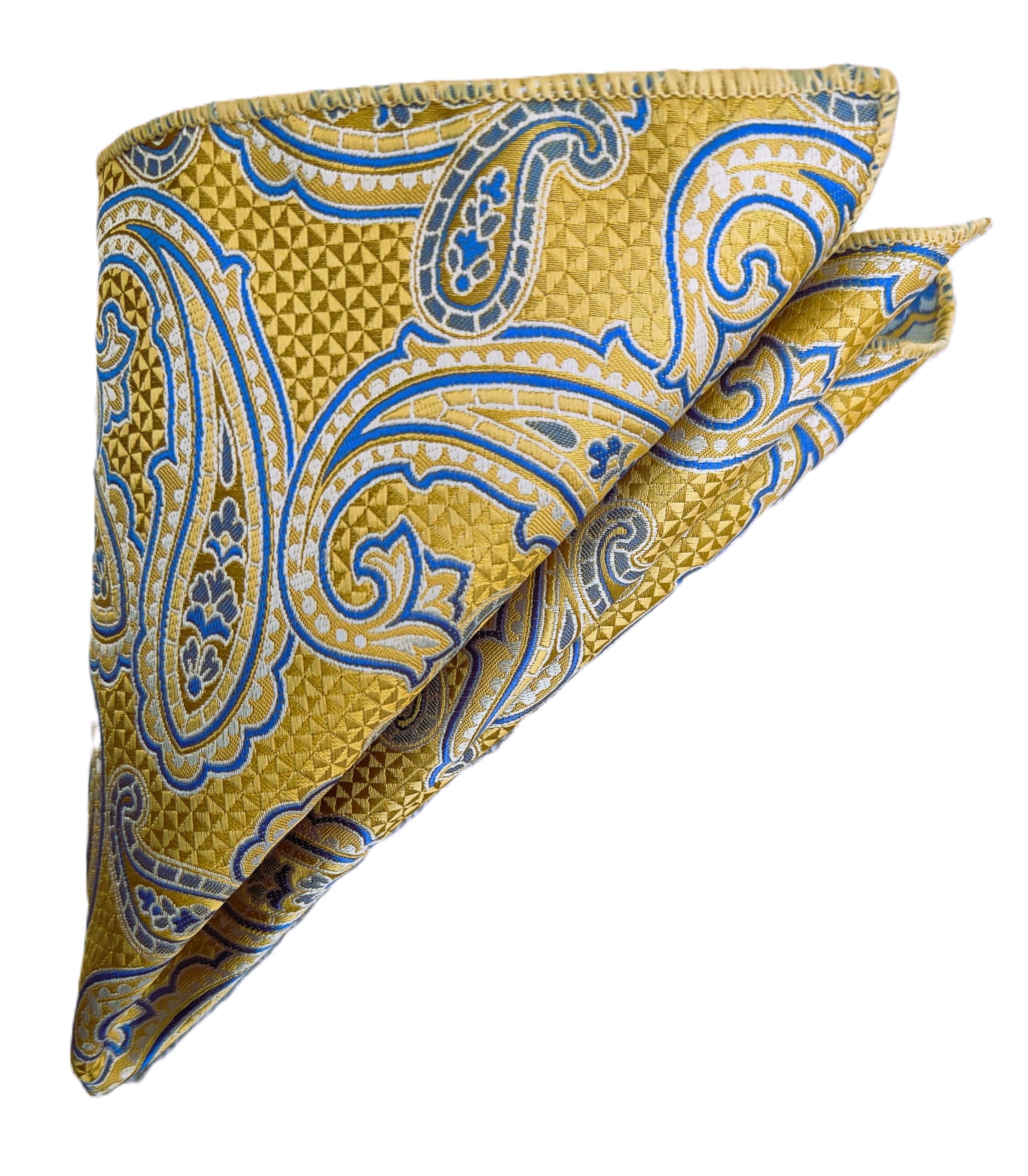 voici France Men's Pocket Square checked paisley design Gold Beige color free size Microfiber fabric (Yellow Blue)-picture-14