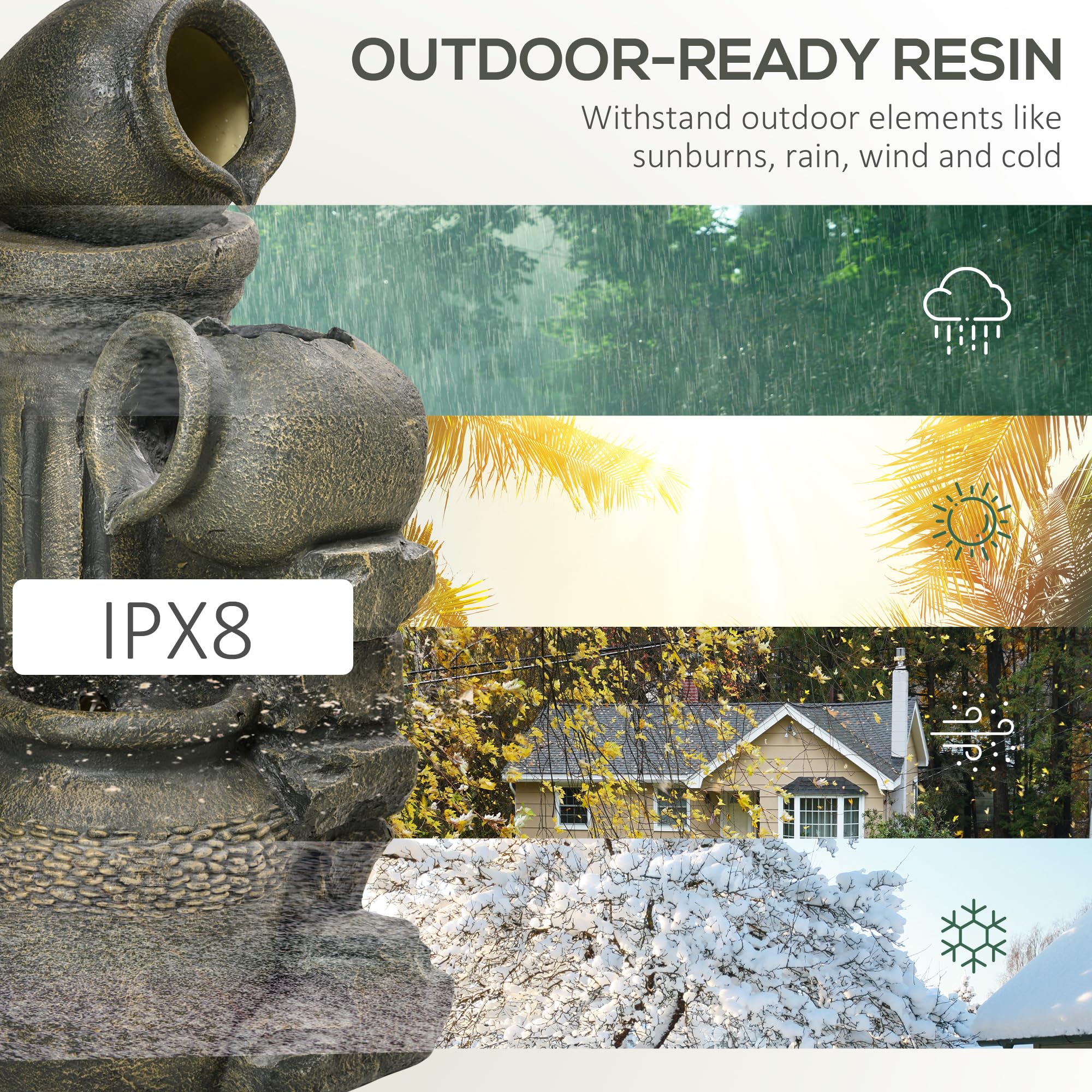 Outsunny Zen - Fuente de jardín ornamental (3 jarras, flujo ajustable, bomba de agua sumergible, incluye dim. 36,5 x 32 x 73 cm, resina gris