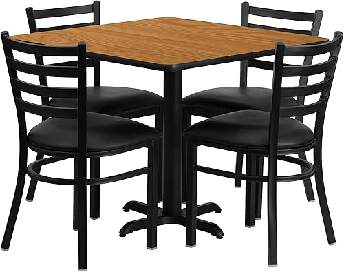 Flash Furniture Juego de mesa cuadrada de laminado natural de 36 pulgadas con base en X y 4 sillas de metal con respaldo de escalera, asiento de