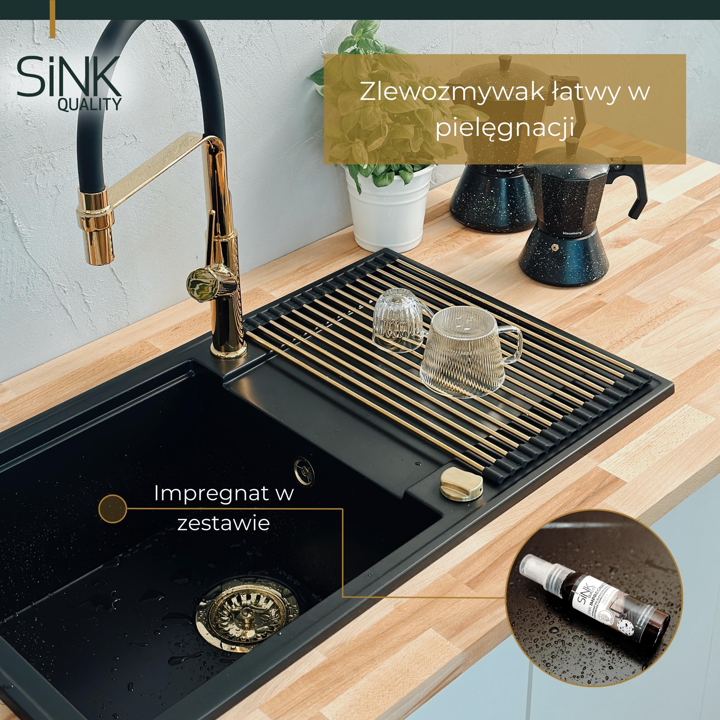 SINK Quality Zlewozmywak jednokomorowy Czarny z Ociekaczem 78x46 cm - W zestawie syfon z przyciskiem i impregnat - Granitowy Zlew Kuchenny do szafki o szerokości od 60 cm