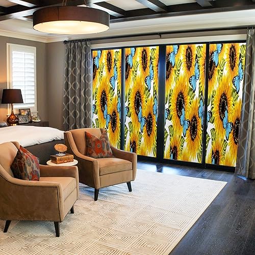 Miniatura 4 de Película decorativa de privacidad para ventana, diseño de girasol, mariposa, estática, translúcida, para ventana, de vidrio esmerilado, no adhesivo,