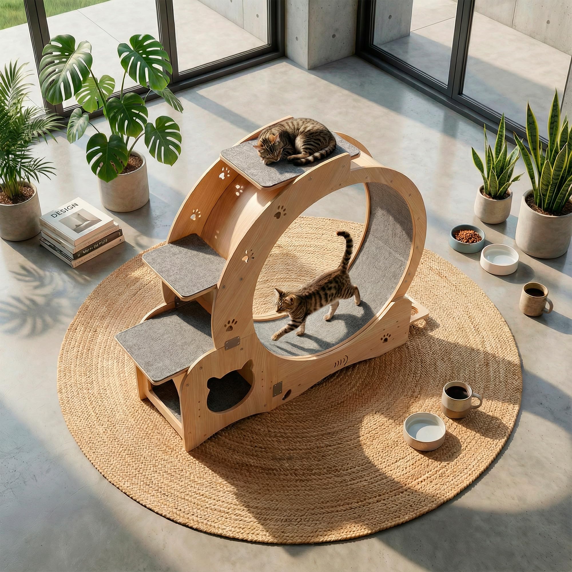 Rueda de Ejercicio para Gatos de Madera Maciza 5 en 1 (100cm) con Casita Integrada, Rascador, Plataformas y Cuencos – Cinta de Correr Silenciosa y Estable para Gatos Grandes y Perros Pequeños