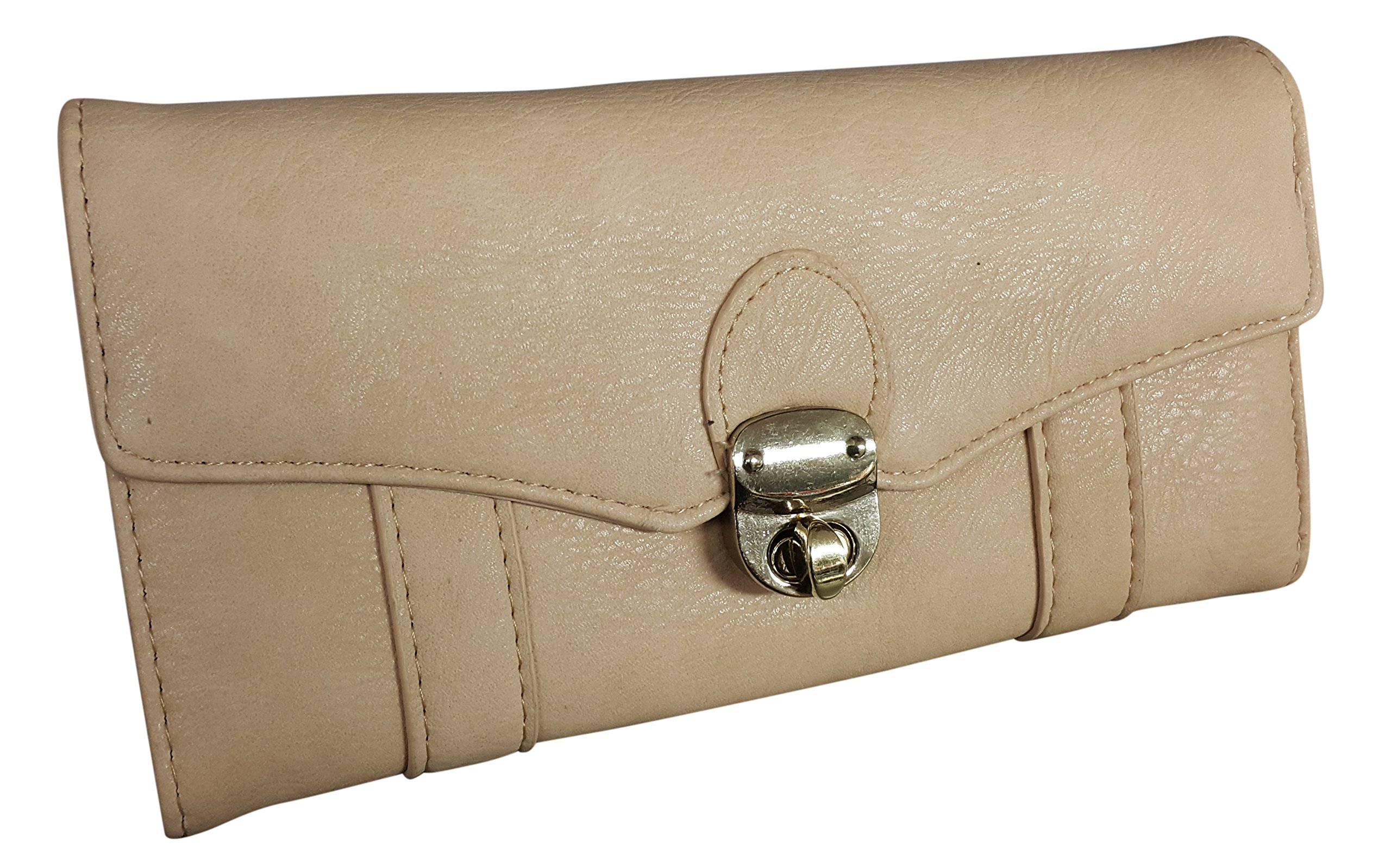Eye Catch Ladies Faux Leather Twist Lock Purse Womens Multi Credit Card Coin Wallet Beige