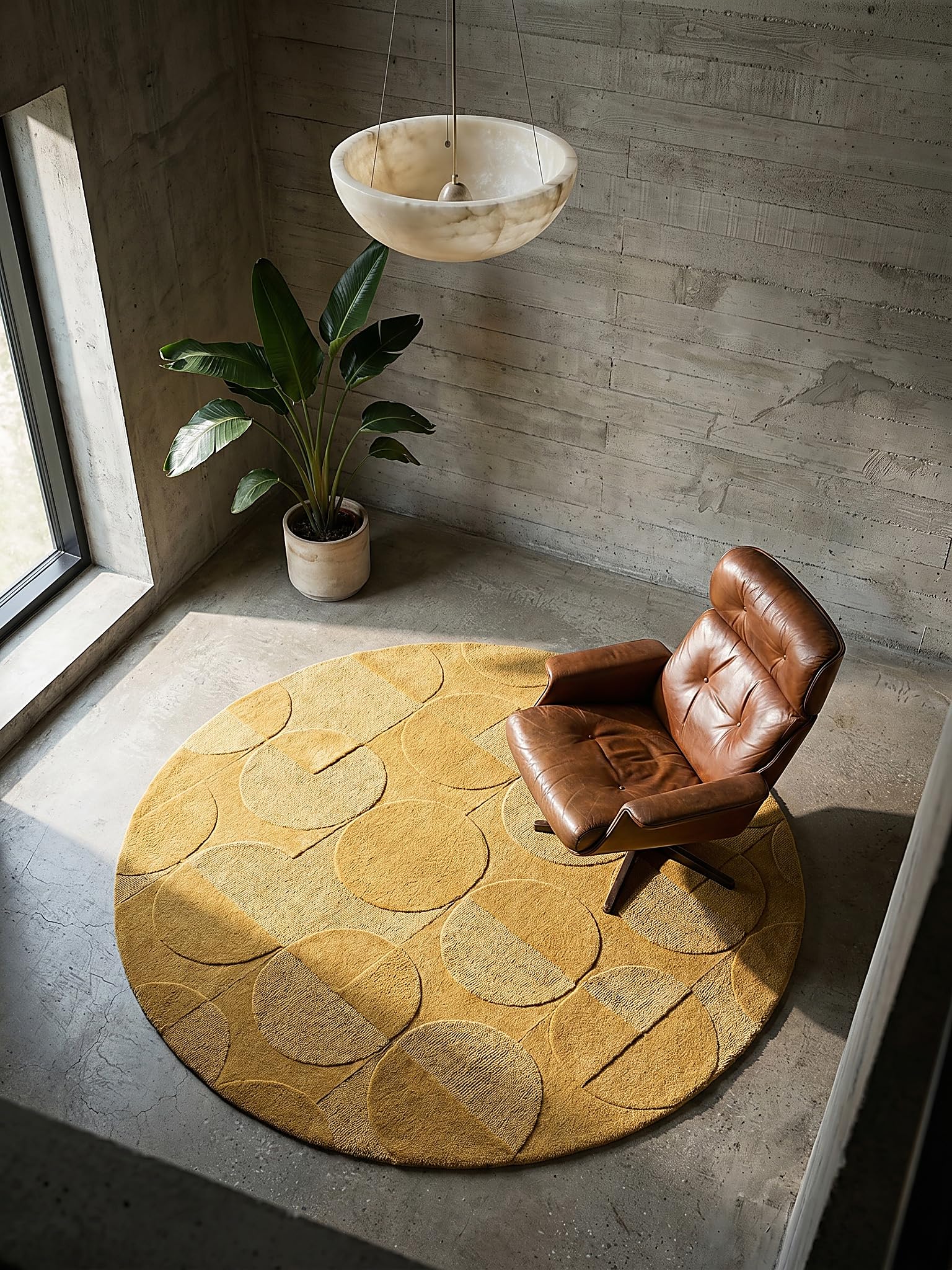 Tapis en Laine Motif Géométrique Dense et Robuste Jaune Moutarde Ø 160 cm Rond Salle à Manger | DEBEN