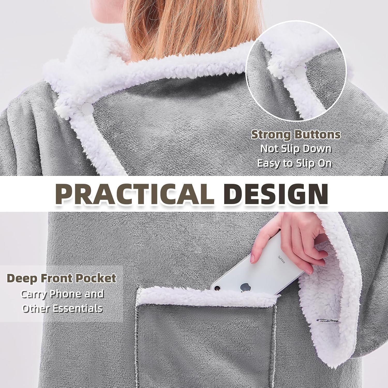 IFNOW Sherpa Wearable Blanket with Sleeves for Women Men Adults, Christmas Birthday Gifts for Women Mom Wife, Cozy Wearable Blanket with Arm and Pocket, Warm Full Body TV Wrap Throw Blanket, Grey - Image 9