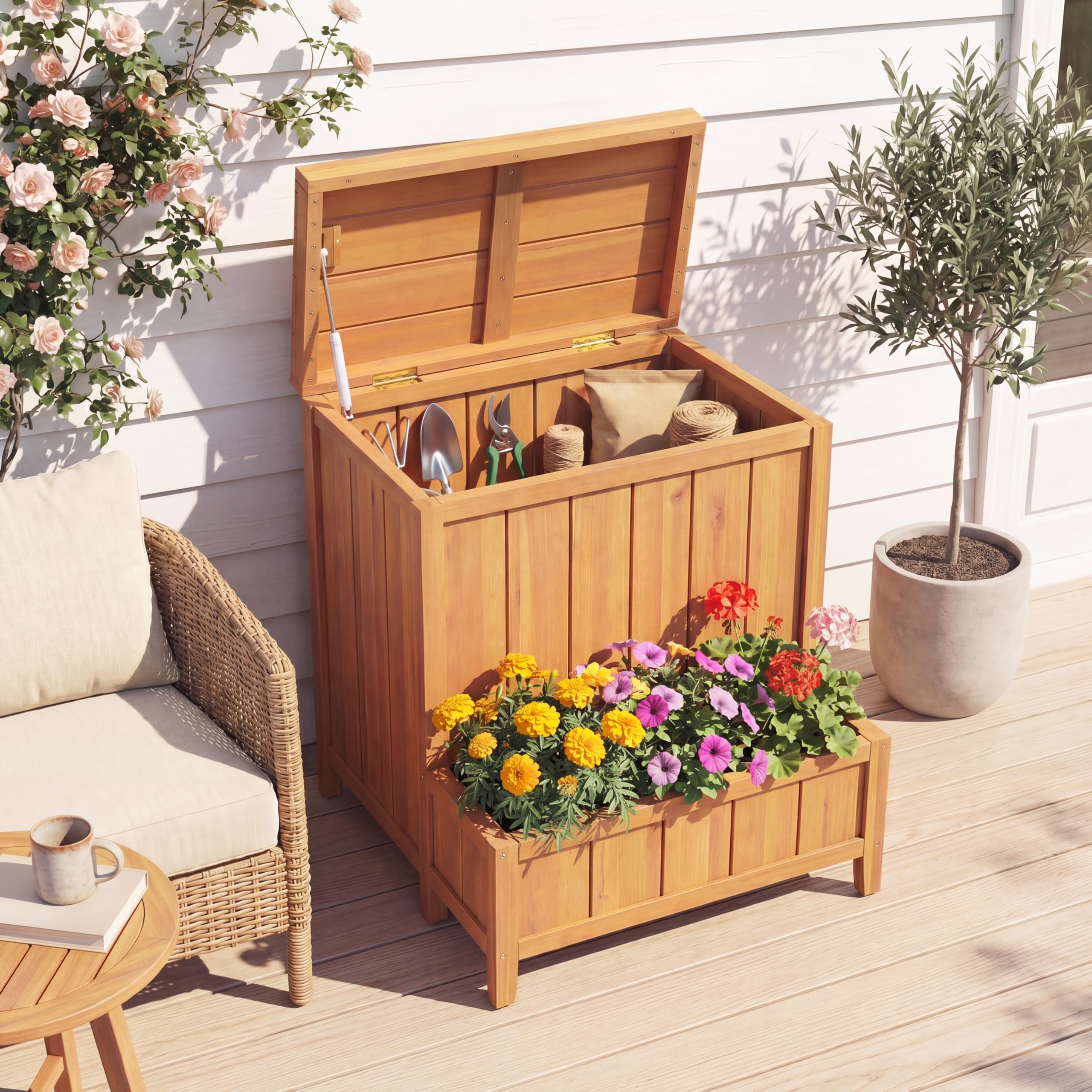 HOMASIS 2 in 1 Paketbox mit Pflanzkübel, Paketannahme mit Blumenkasten aus Holz, Auflagenbox mit Deckel & Gasdruckfeder, multifunktionale Aufbewahrungsbox für Terrasse & Garten, Natur