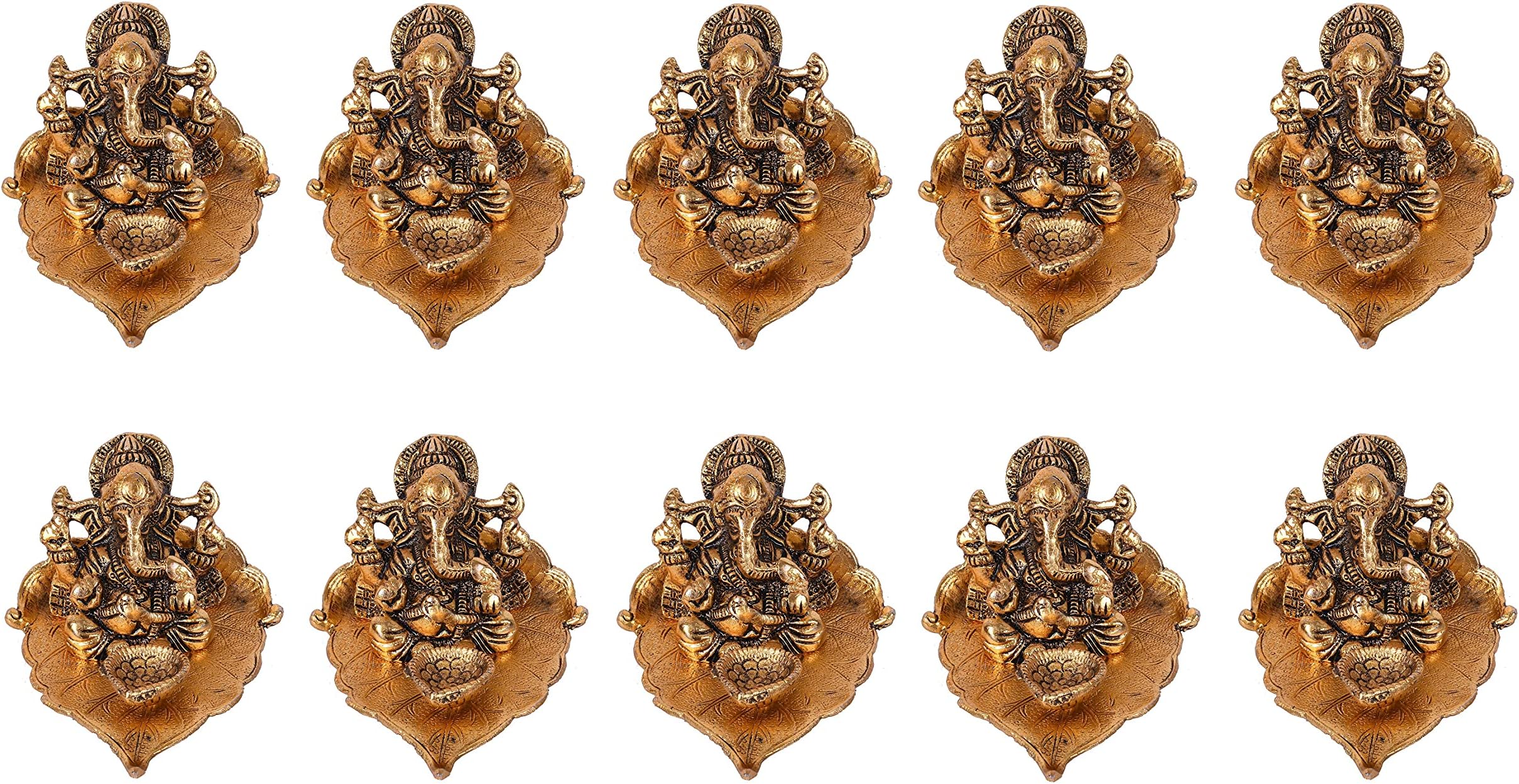 NOBILITY Ganesha on Leaf Statue Gold Ganesh Idol with Diya for Home Office Pooja Puja Diwali Decorative Wedding Return Gift Items 10 Pcs