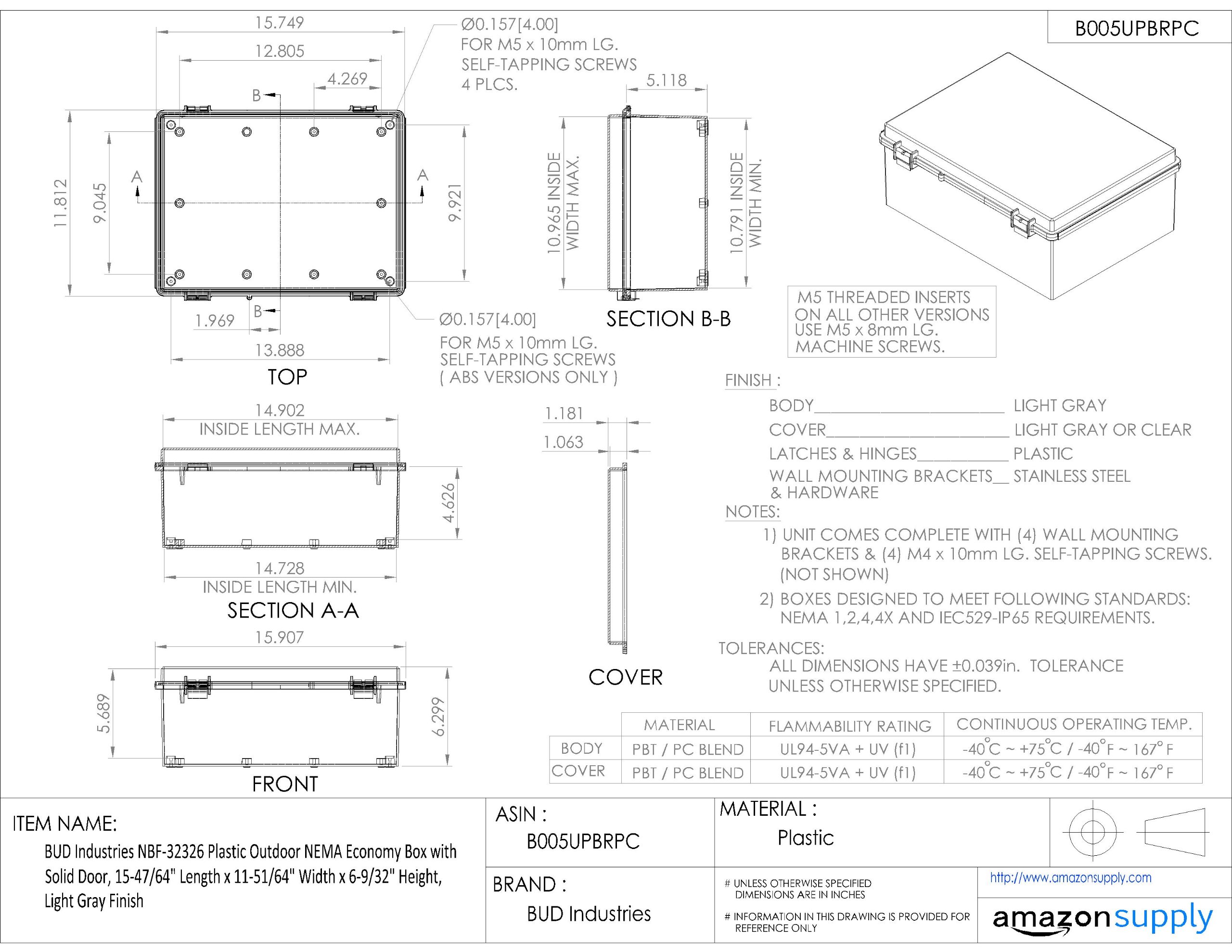 BUD Industries NBF-32326 Plastic Outdoor NEMA Economy Box 15.75