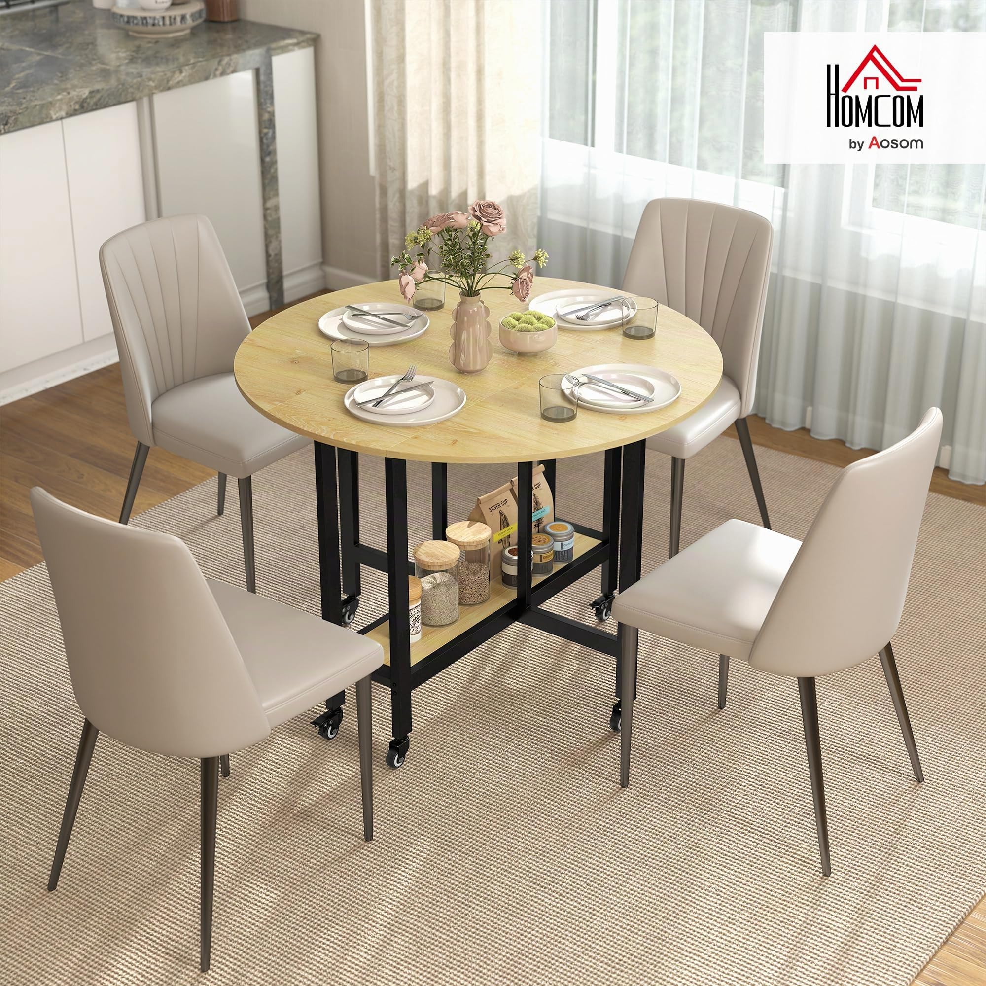 HOMCOM Mesa Plegable sobre Ruedas Redonda 100 x 100 x 75 cm Roble | Mesa de cocina para 4, 2 hojas abatibles, estante inferior, espacios pequeños, comedor