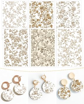Puocaon Brown Flower Clay Transfer Paper - 18 Pcs Traditional Chinoiserie Art Design Transfer Sheets for Polymer Clay Brown Floral Earrings Design Jewelry Making