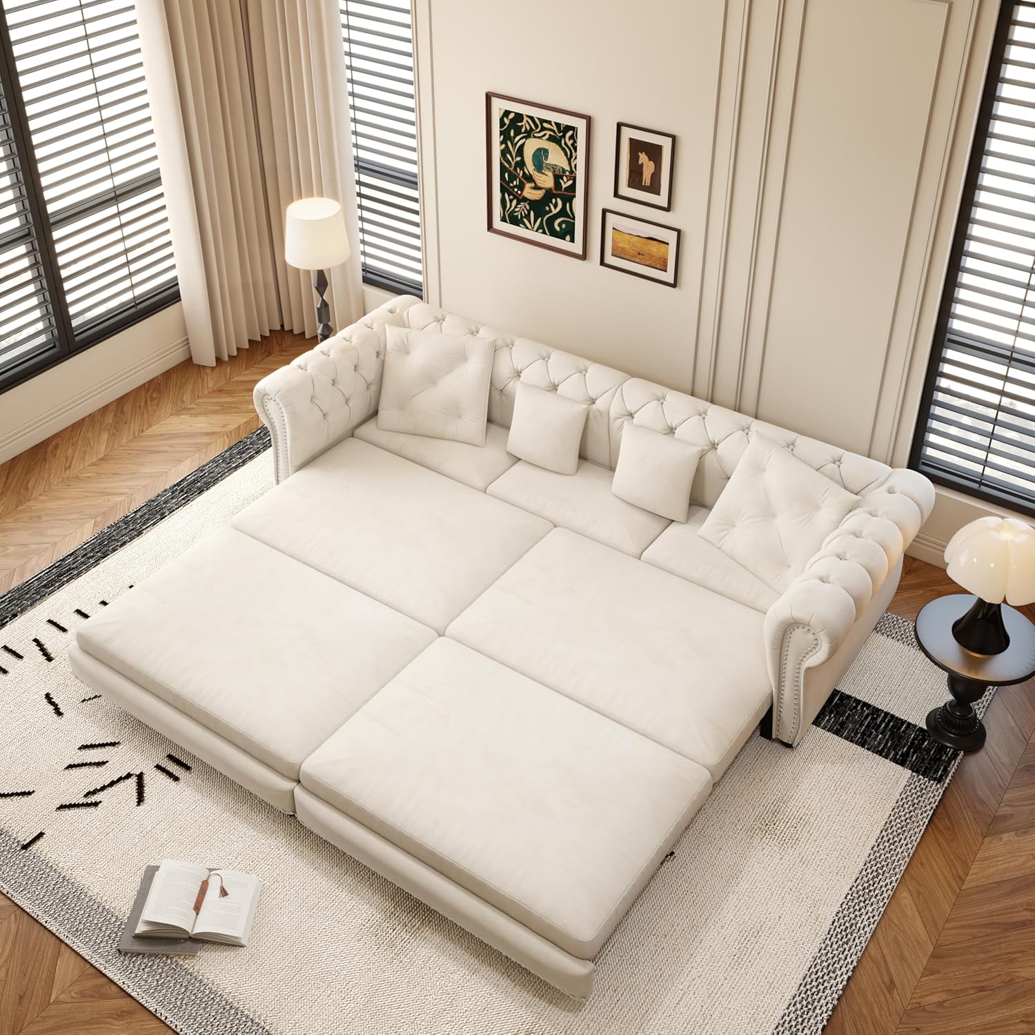 Polibi 3-in-1 Convertible Sleeper Sofa Bed in King Size configuration, beige velvet upholstery, viewed from above.